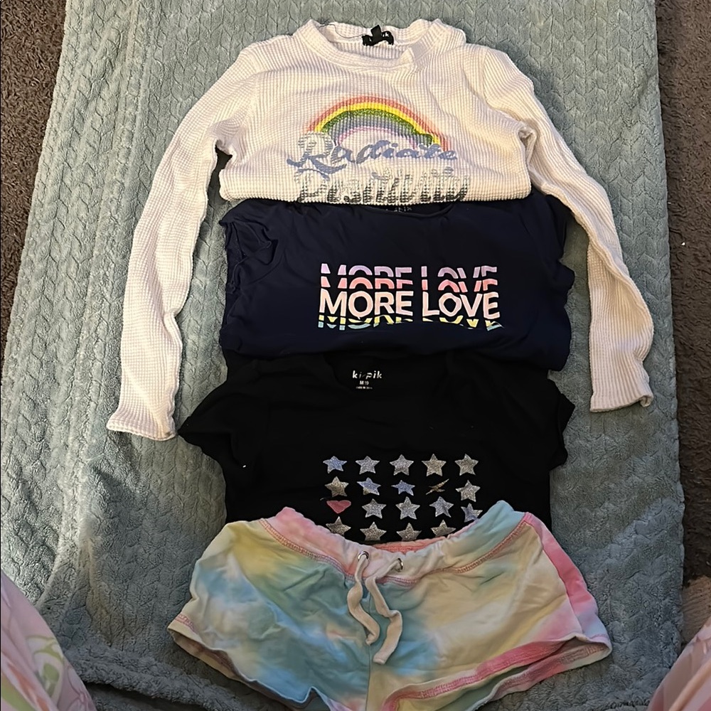 Set of 3 Rainbow Graphic Tops and 1 Tie-Dye Shorts Set. Girls size 10